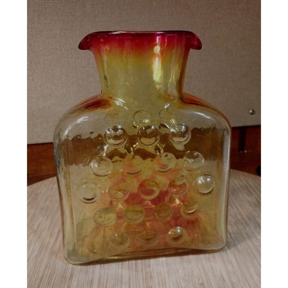 Vtg. Blenko Hojo 384 MCM Two Tone Gold/Tangerine Double Spout Water Pitcher READ